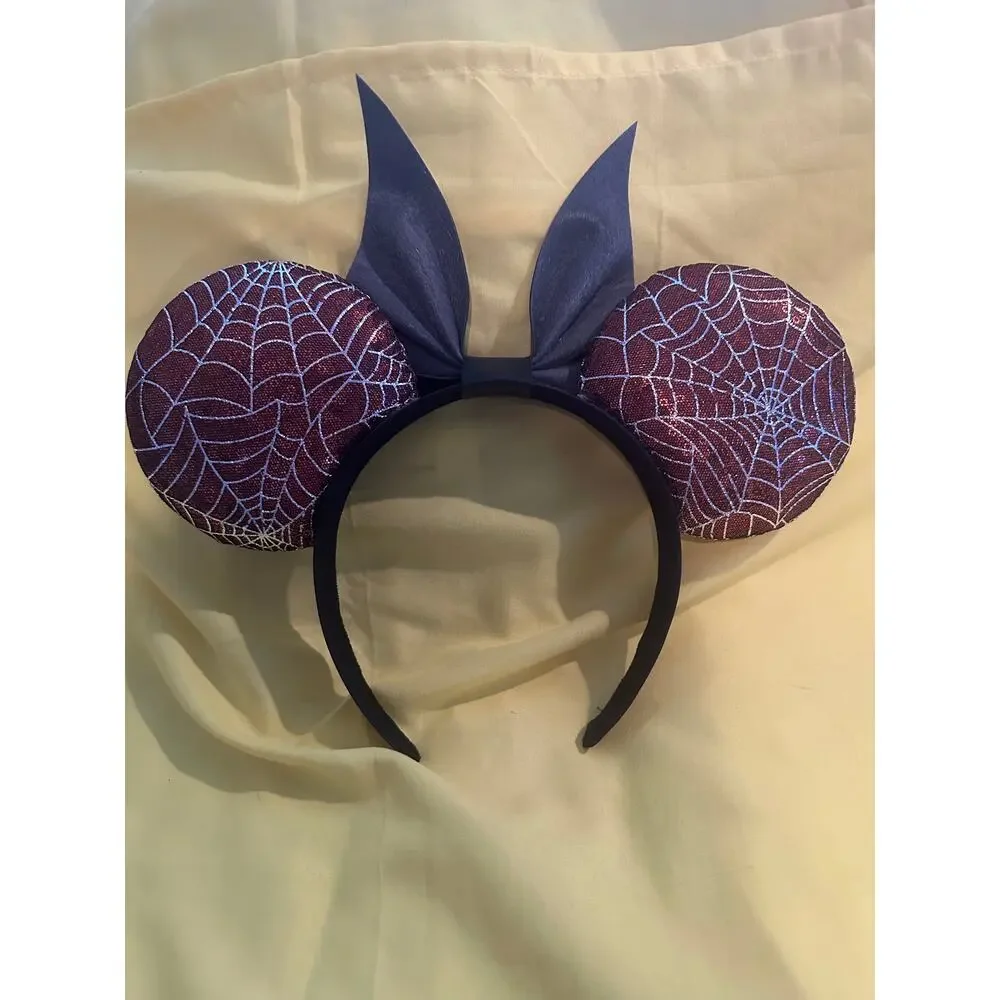 Handmade Disney Halloween Orange and Black Glitter Spiderweb Headband Ears